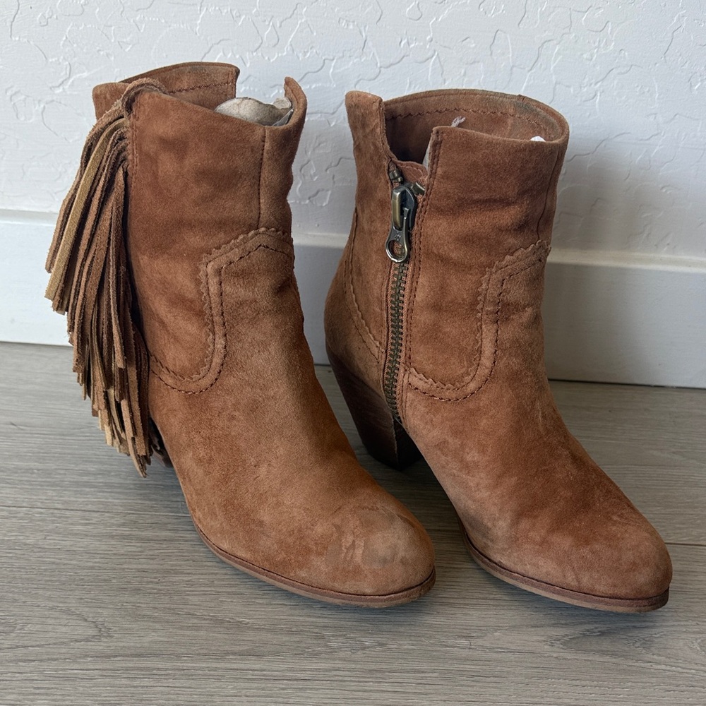 Sam Edelman Tan Suede Ankle Boots with Fringe